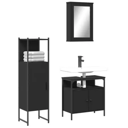 Set Mobili da Bagno 3 pz Nero in Legno Multistrato