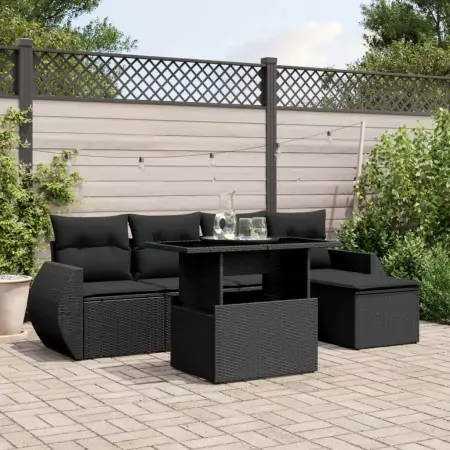 Set Divano da Giardino 6 pz con Cuscini Nero in Polyrattan