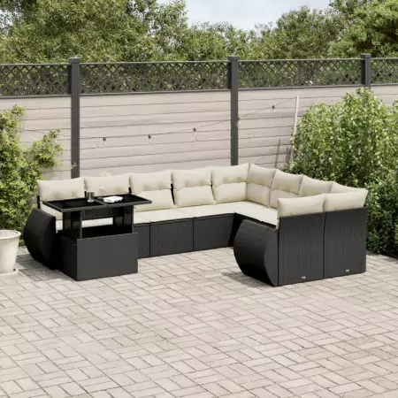 Set Divani da Giardino 10pz con Cuscini in Polyrattan Nero