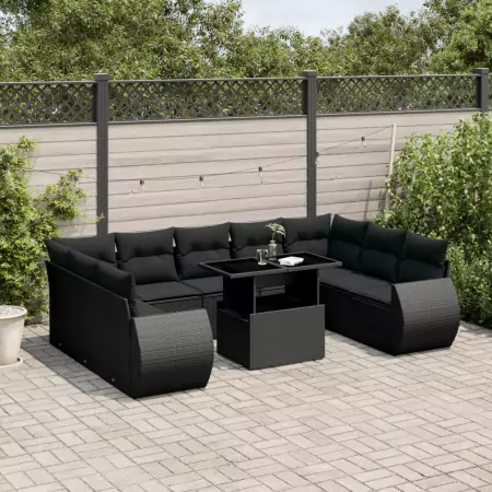 Set Divani da Giardino 10pz con Cuscini in Polyrattan Nero