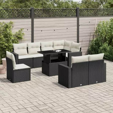 Set Divani da Giardino 9 pz con Cuscini Nero in Polyrattan