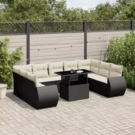 Set Divani da Giardino 10pz con Cuscini in Polyrattan Nero