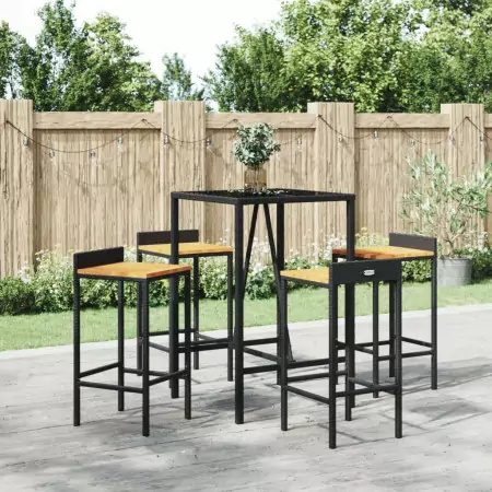 Set Bar Giardino 5 pz Nero Polyrattan e Legno Massello Acacia