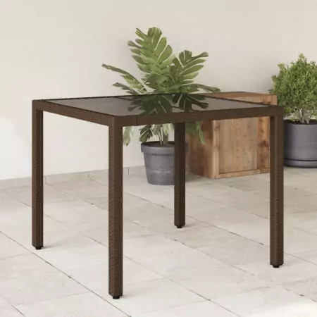 Tavolo da Giardino Piano in Vetro Marrone 90x90x75cm Polyrattan