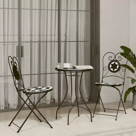 Set da Bistrot con Mosaico Nero e Bianco in Ferro e Ceramica