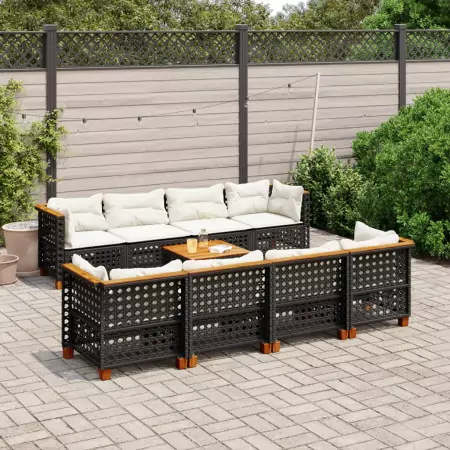 Set Divani da Giardino 9 pz con Cuscini Nero in Polyrattan