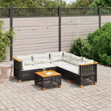 Set Divano da Giardino 6 pz con Cuscini Nero in Polyrattan