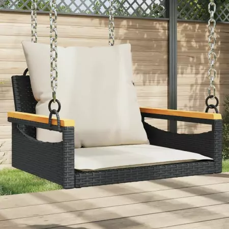 Panchina a Dondolo con Cuscini Nera 63x62x40 cm in Polyrattan