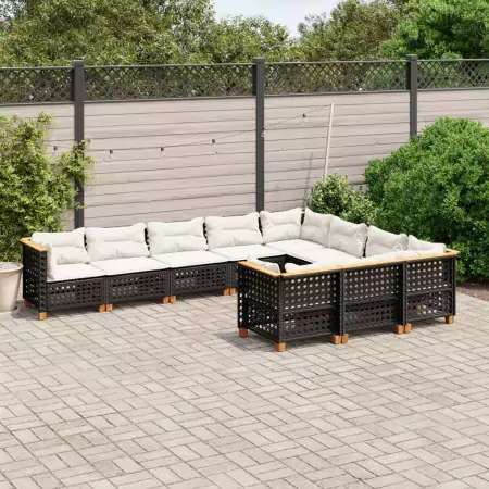 Set Divani da Giardino 10pz con Cuscini in Polyrattan Nero