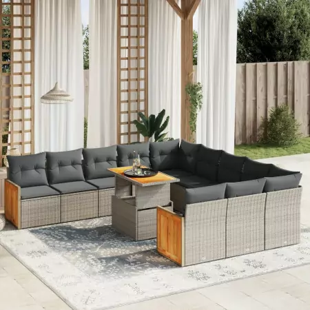 Set Divani da Giardino 11 pz con Cuscini in Polyrattan Grigio