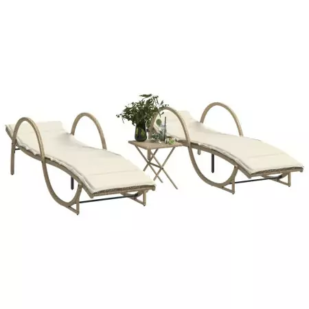 Lettini Prendisole 2 pz con Tavolino Beige in Polyrattan