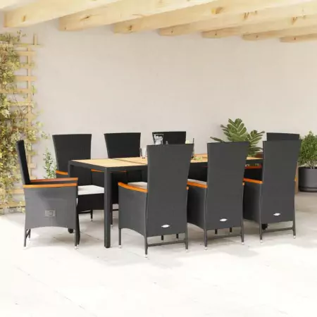 Set da Pranzo da Giardino 9 pz con Cuscini Nero in Polyrattan