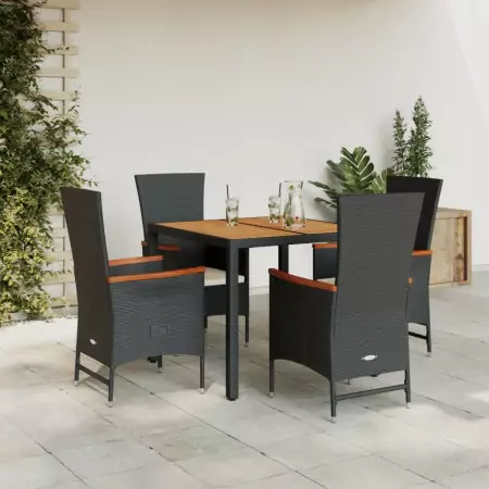 Set da Pranzo da Giardino 5 pz Nero con Cuscini in Polyrattan