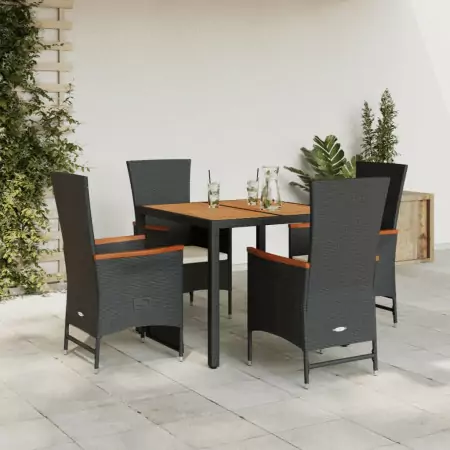 Set da Pranzo da Giardino 5 pz Nero con Cuscini in Polyrattan