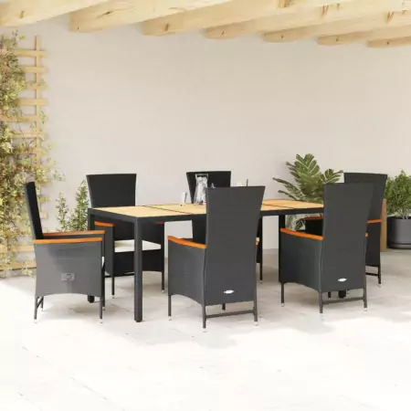 Set da Pranzo da Giardino 7 pz Nero con Cuscini in Polyrattan