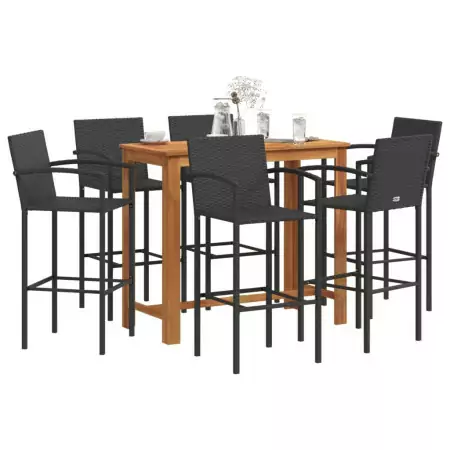 Set Bar da Giardino 7 pz Nero in Legno Acacia e Polyrattan