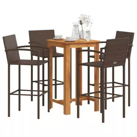 Set Bar Giardino 5pz Marrone Legno Massello Acacia e Polyrattan