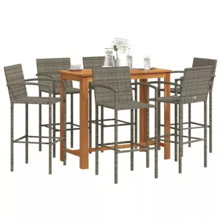 Set Bar da Giardino 7 pz Grigio in Legno Acacia e Polyrattan