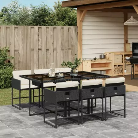 Set da Pranzo da Giardino 7 pz Nero con Cuscini in Polyrattan