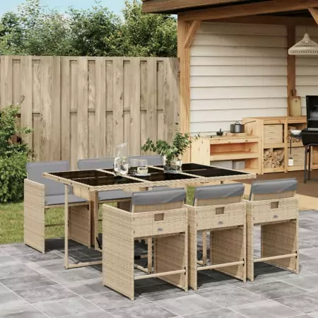 Set Pranzo da Giardino 7 pz con Cuscini Beige Misto Polyrattan