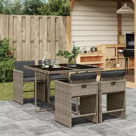 Set da Pranzo da Giardino 5 pz con Cuscini in Polyrattan Grigio