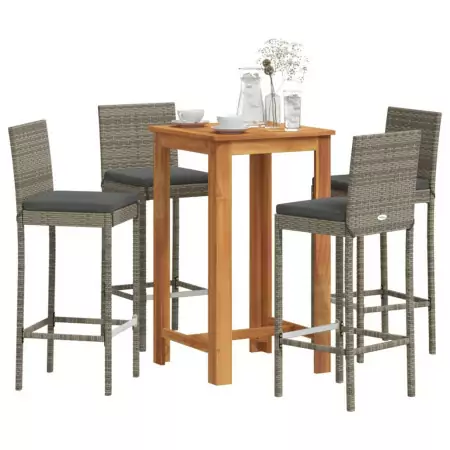 Set Bar Giardino 5pz Grigio Legno Massello Acacia e Polyrattan