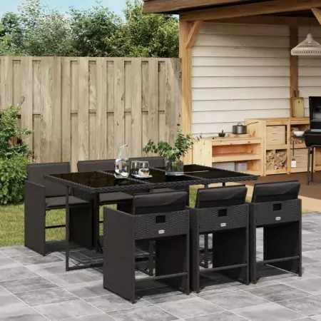 Set da Pranzo da Giardino 7 pz Nero con Cuscini in Polyrattan