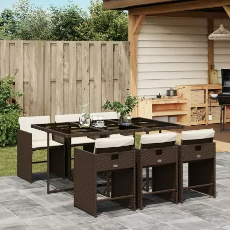 Set da Pranzo da Giardino 7pz con Cuscini in Polyrattan Marrone