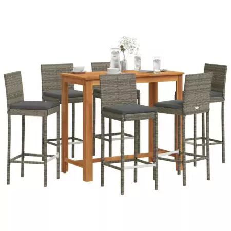 Set Bar da Giardino 7 pz Grigio in Legno Acacia e Polyrattan