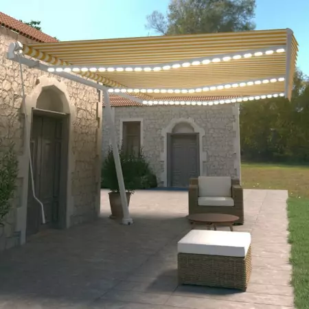 Tenda da Sole Retrattile Manuale LED 600x350 cm Giallo e Bianco