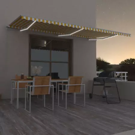 Tenda da Sole Retrattile Manuale LED 600x350 cm Giallo e Bianco