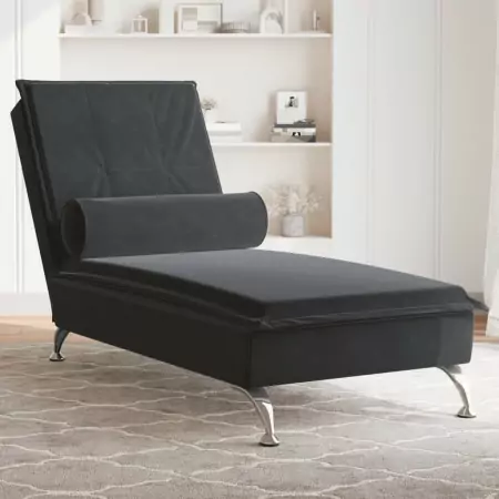 Chaise Longue Massaggi con Cuscino a Rullo Nero in Velluto