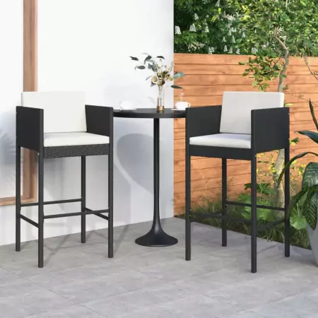 Sgabelli da Bar 2 pz con Cuscini Nero in Polyrattan