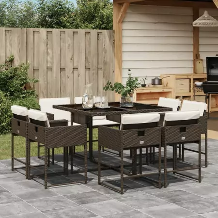 Set da Pranzo da Giardino 9pz con Cuscini Marrone in Polyrattan