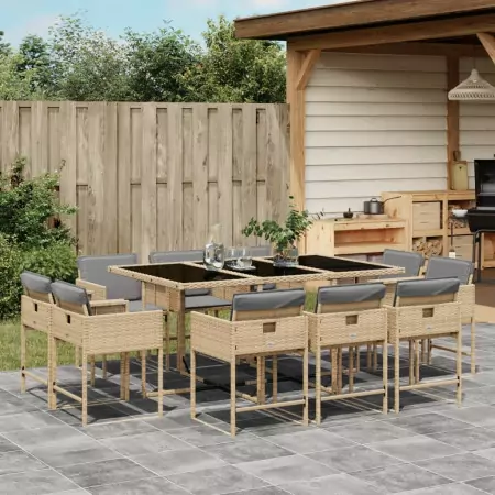 Set Pranzo da Giardino 11 pz con Cuscini Beige Misto Polyrattan