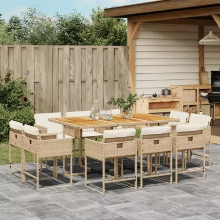 Set da Pranzo da Giardino 11 pz con Cuscini Beige in Polyrattan