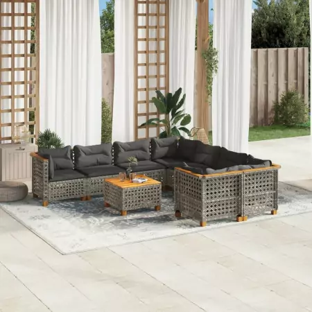 Set Divano da Giardino 9 pz con Cuscini Grigio in Polyrattan