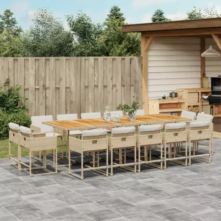 Set da Pranzo da Giardino 15 pz con Cuscini Beige in Polyrattan