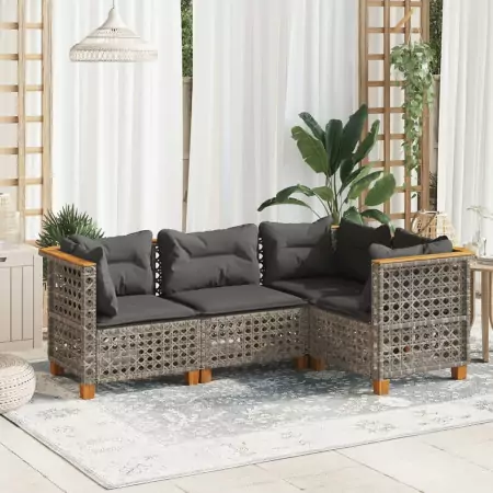 Set Divani da Giardino 4 pz con Cuscini in Polyrattan Grigio