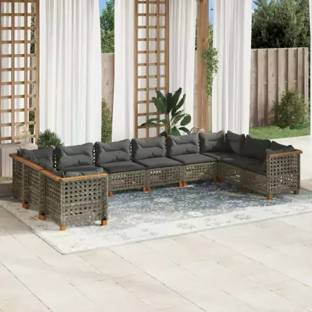 Set Divano da Giardino 10 pz con Cuscini Grigio in Polyrattan