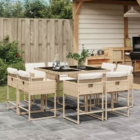 Set da Pranzo da Giardino 9 pz con Cuscini Beige in Polyrattan