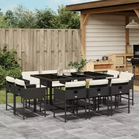 Set da Pranzo da Giardino 11 pz con Cuscini in Polyrattan Nero