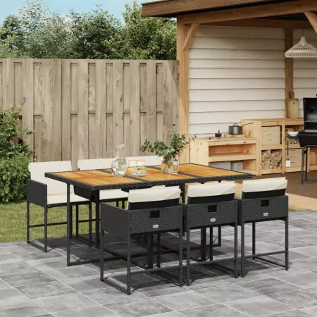 Set da Pranzo da Giardino 7 pz Nero con Cuscini in Polyrattan