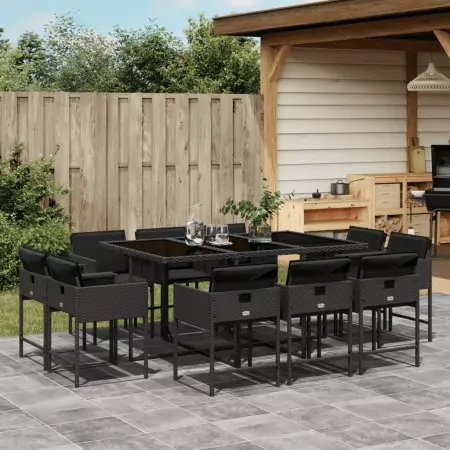 Set da Pranzo da Giardino 11 pz con Cuscini in Polyrattan Nero