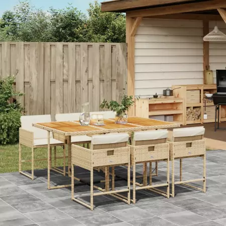 Set da Pranzo da Giardino 7 pz con Cuscini Beige in Polyrattan