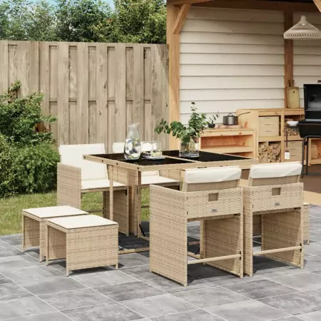 Set da Pranzo da Giardino 9 pz con Cuscini Beige in Polyrattan