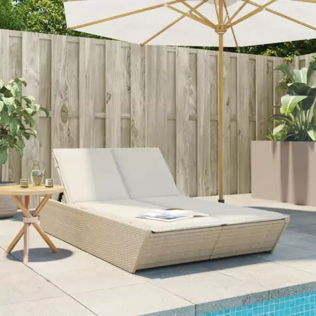 Lettino Prendisole con Cuscini Beige in Polyrattan