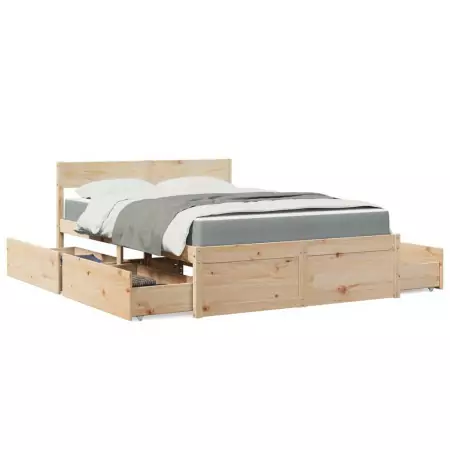 Letto con Cassetti e Materasso 120x200 cm Legno Massello Pino