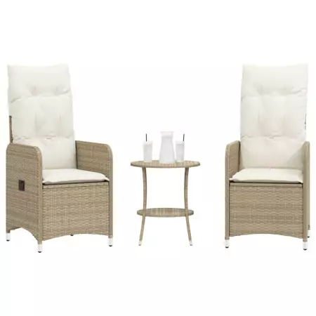 Sedie da Giardino Reclinabili 2pz con Tavolino Polyrattan Beige