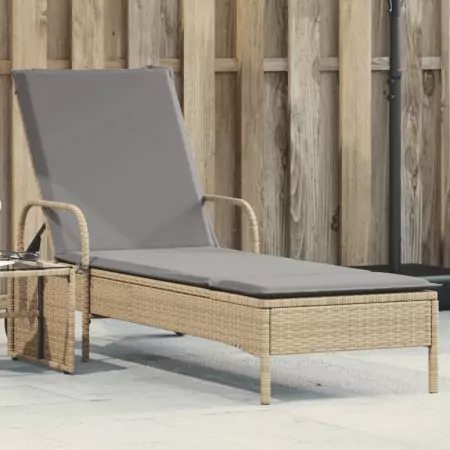 Lettino Prendisole con Ruote e Cuscino in Polyrattan Beige